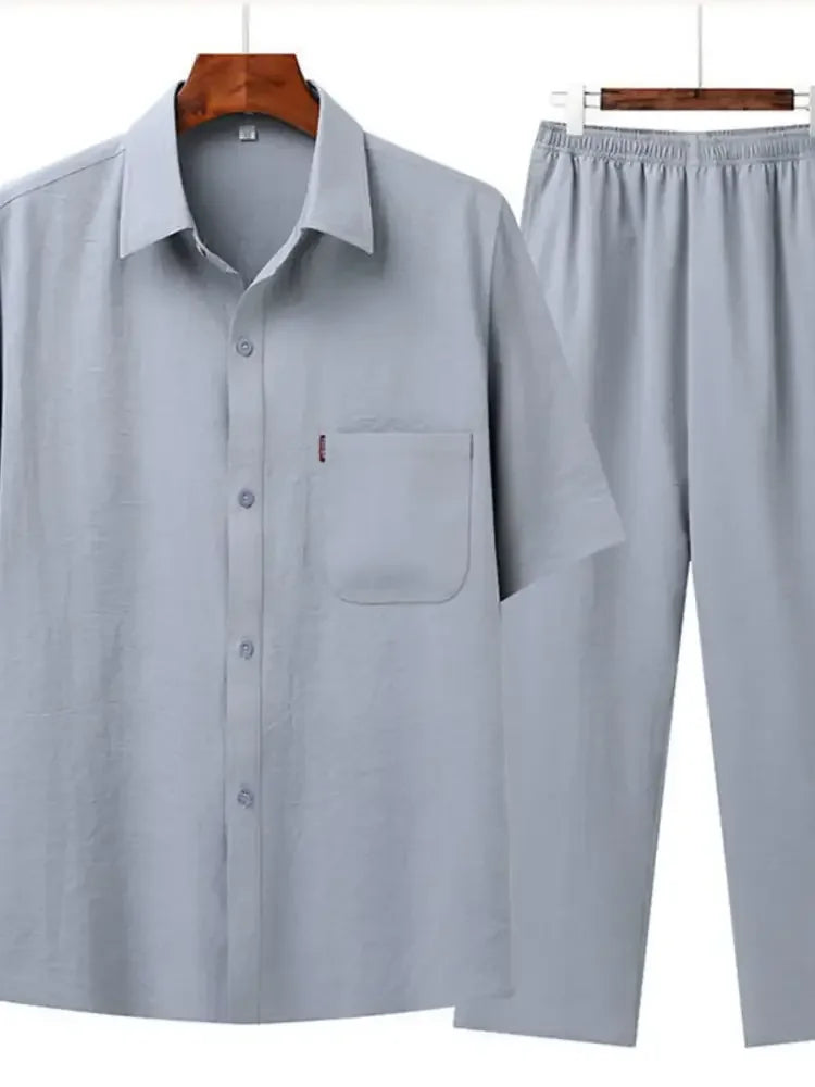 Men's Full Size Button Up Short Sleeve Shirt and Pants Set Plus Size