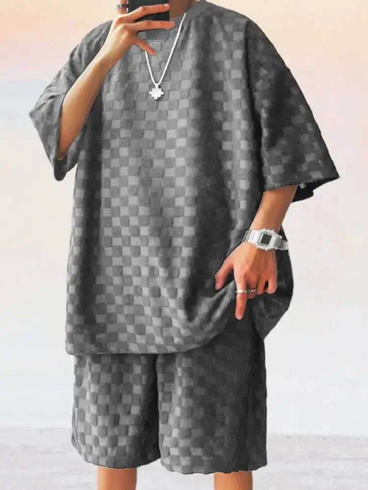 Men's Full Size Checkered Pattern Casual Top and Shorts Two-Piece Set Plus Size
