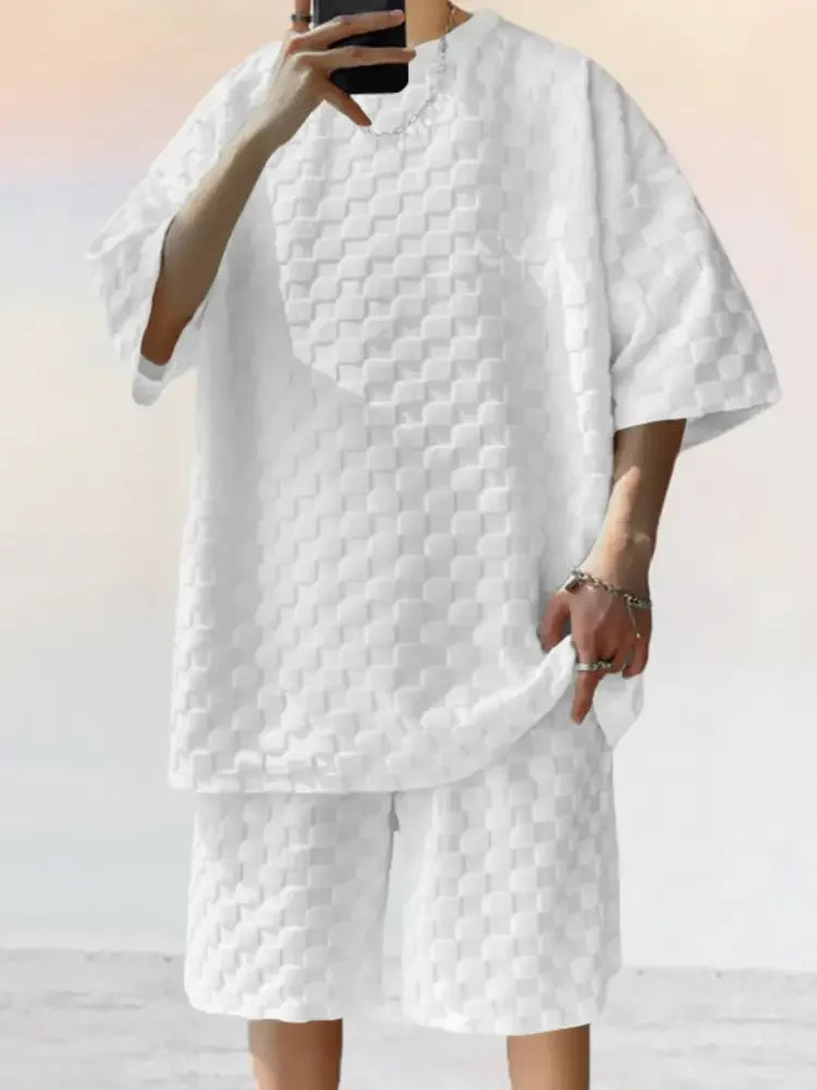 Men's Full Size Checkered Pattern Casual Top and Shorts Two-Piece Set Plus Size