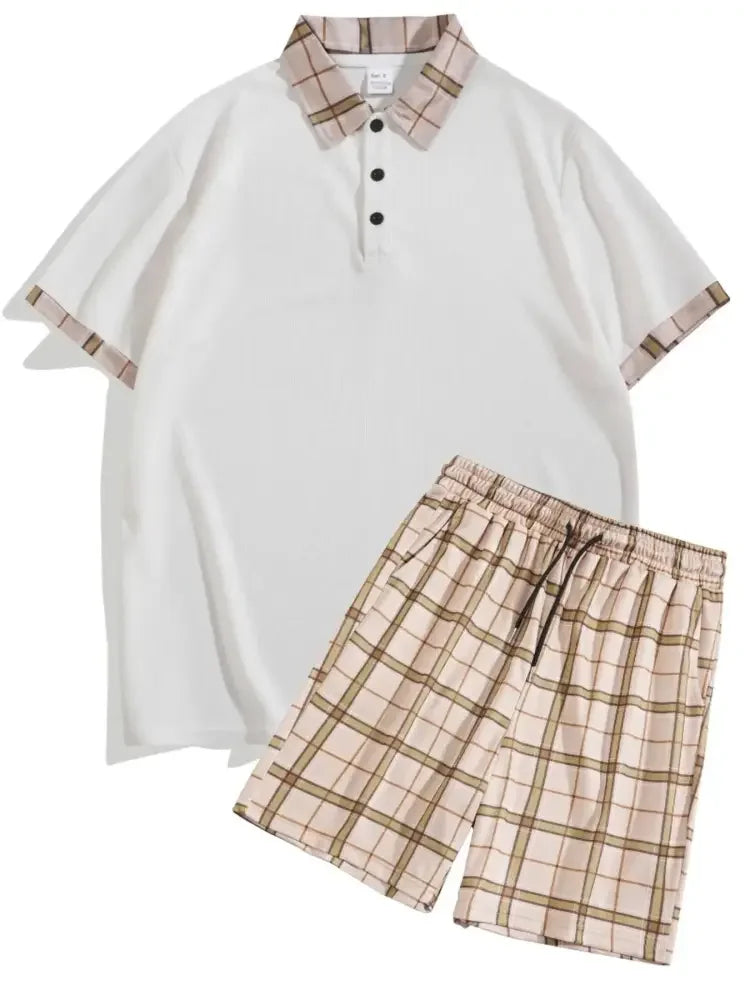 Men's Full Size Classic Plaid Collar Polo and Shorts Set Plus Size