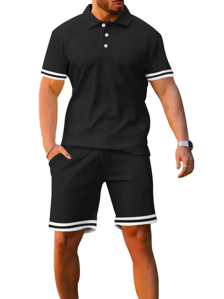 Men's Full Size Contrast Trim Polo and Shorts Set Plus Size
