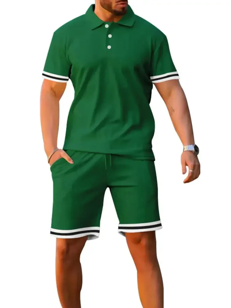 Men's Full Size Contrast Trim Polo and Shorts Set Plus Size