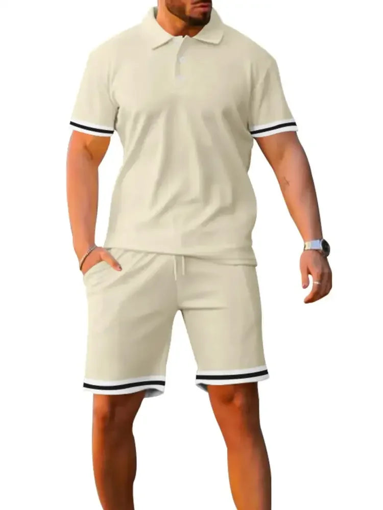 Men's Full Size Contrast Trim Polo and Shorts Set Plus Size