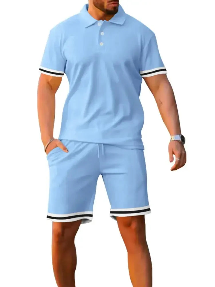 Men's Full Size Contrast Trim Polo and Shorts Set Plus Size