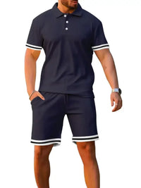 Men's Full Size Contrast Trim Polo and Shorts Set Plus Size