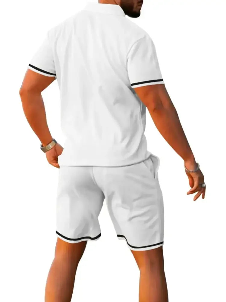 Men's Full Size Contrast Trim Polo and Shorts Set Plus Size