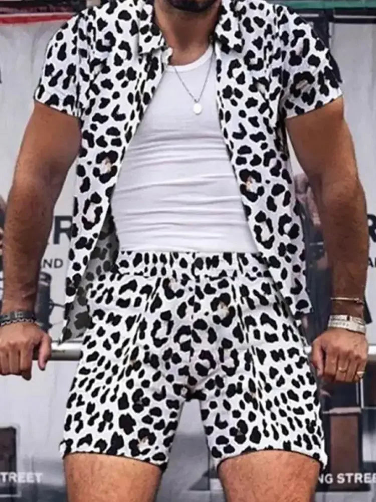 Men's Full Size Leopard Button Up Shirt and Shorts Set Plus Size