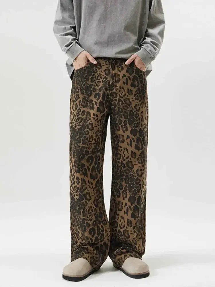 Men's Full Size Leopard Print Wide-Leg Relaxed Fit Jeans Plus Size