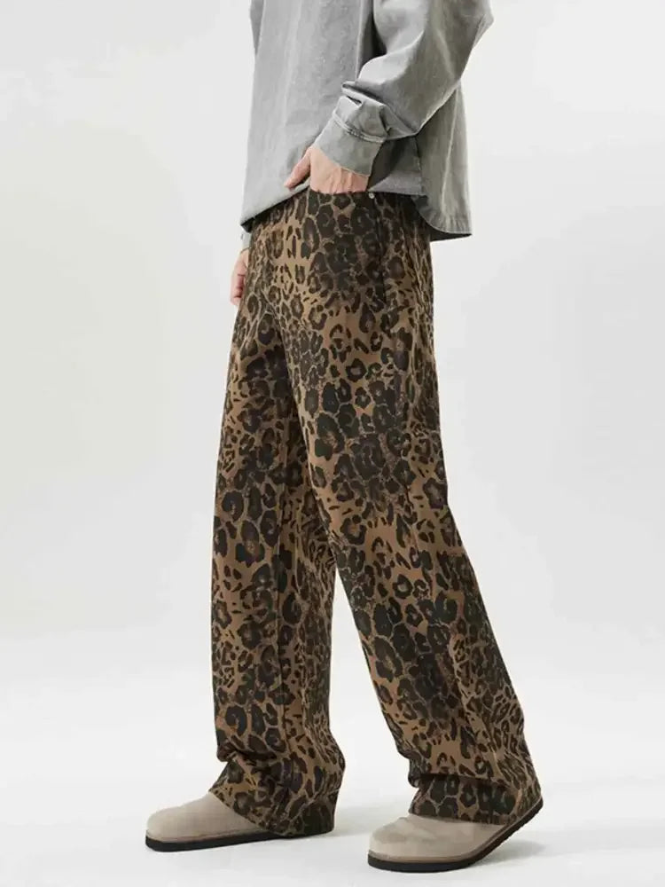 Men's Full Size Leopard Print Wide-Leg Relaxed Fit Jeans Plus Size