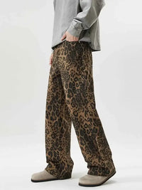 Men's Full Size Leopard Print Wide-Leg Relaxed Fit Jeans Plus Size