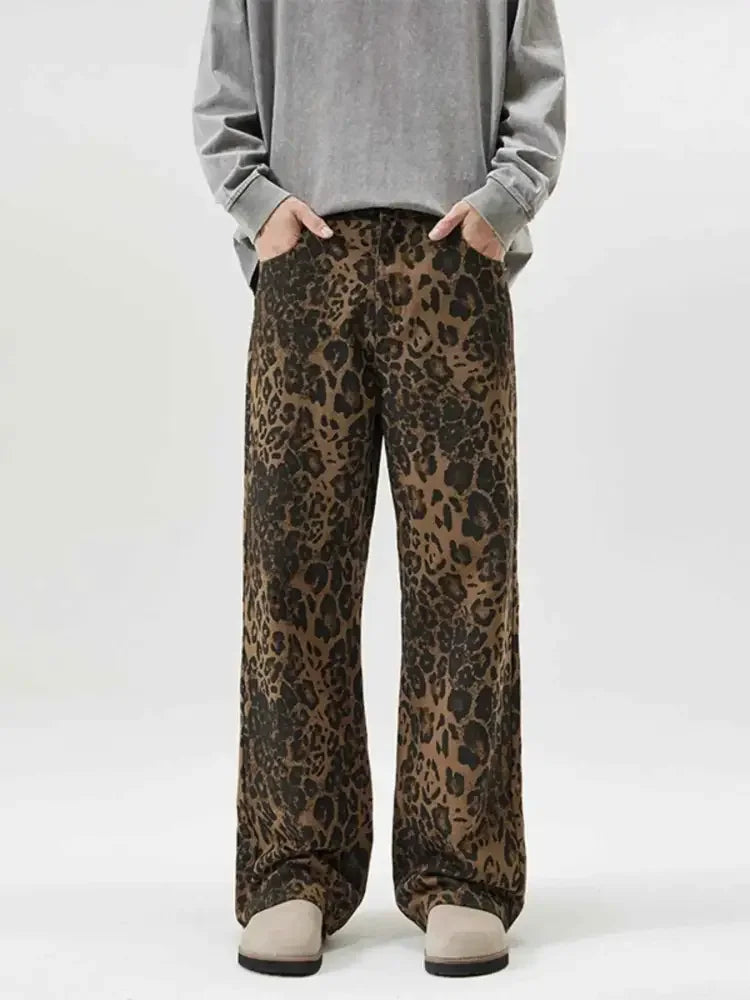Men's Full Size Leopard Print Wide-Leg Relaxed Fit Jeans Plus Size