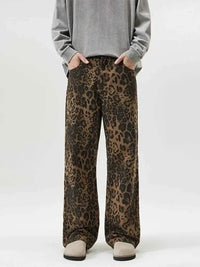 Men's Full Size Leopard Print Wide-Leg Relaxed Fit Jeans Plus Size