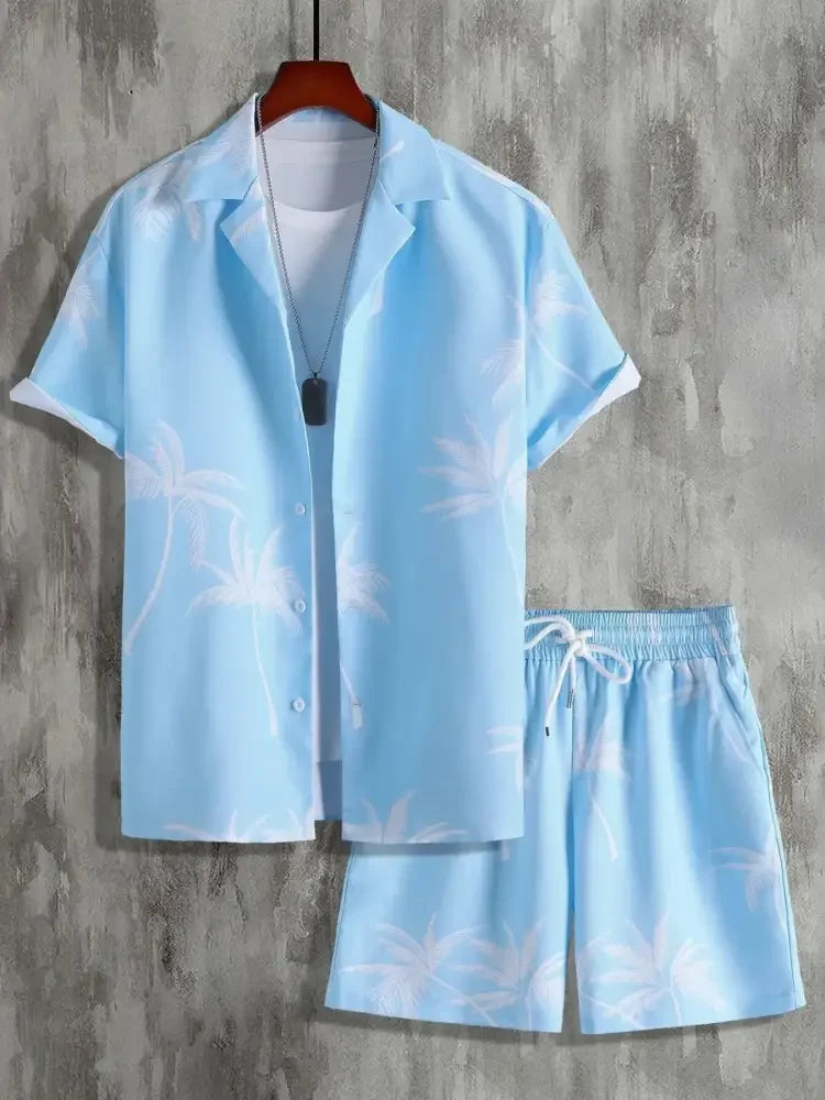 Men's Full Size Palm Print Button Up Shirt and Shorts Set Plus Size