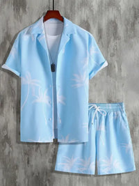 Men's Full Size Palm Print Button Up Shirt and Shorts Set Plus Size
