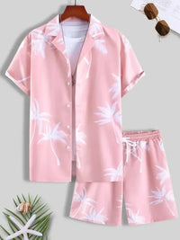 Men's Full Size Palm Print Button Up Shirt and Shorts Set Plus Size
