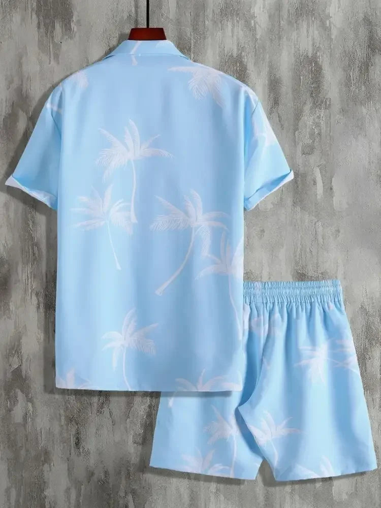 Men's Full Size Palm Print Button Up Shirt and Shorts Set Plus Size