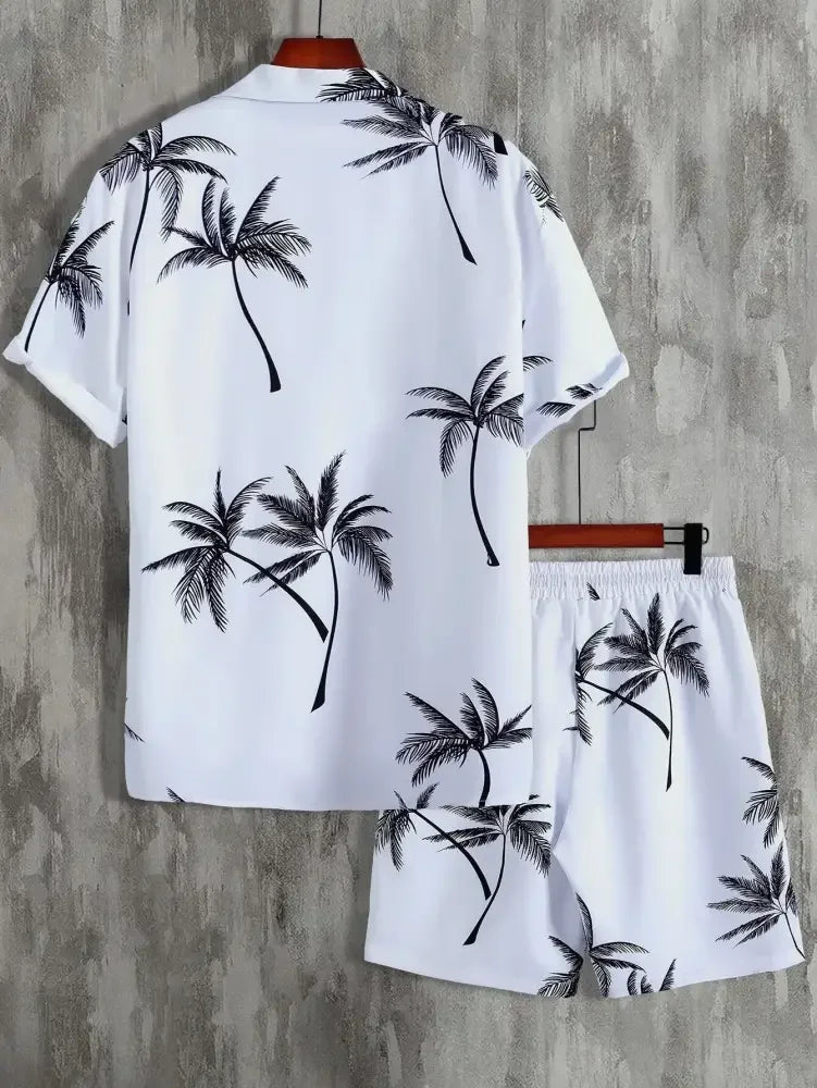 Men's Full Size Palm Print Button Up Shirt and Shorts Set Plus Size