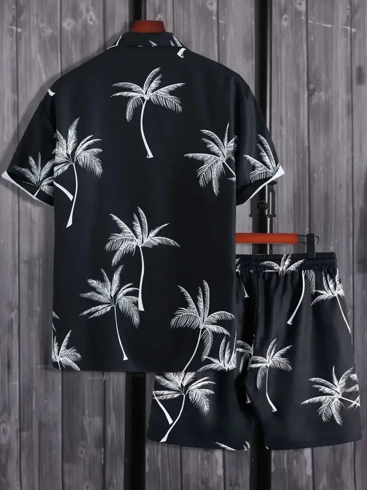 Men's Full Size Palm Print Button Up Shirt and Shorts Set Plus Size