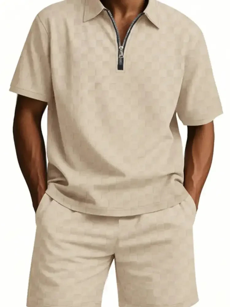 Men's Full Size Quarter Zip Short Sleeve Top and Shorts Set Plus Size