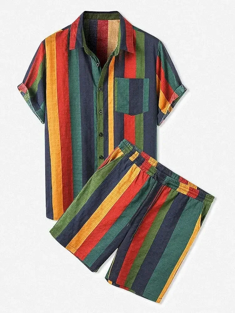 Men's Full Size Striped Button Up Shirt and Shorts Set Plus Size