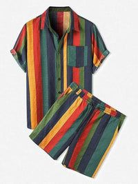 Men's Full Size Striped Button Up Shirt and Shorts Set Plus Size