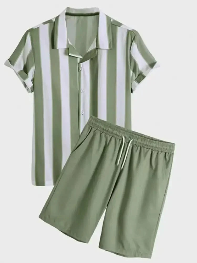 Men's Full Size Striped Casual Shirt and Shorts Set Plus Size