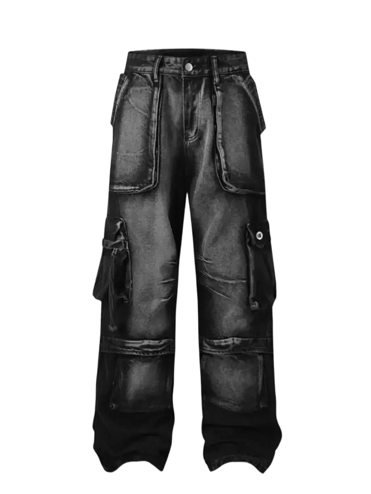 Men’s Full Size Washed Cargo Jeans Plus Size with Washed Black Wide-Leg Style