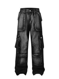 Men’s Full Size Washed Cargo Jeans Plus Size with Washed Black Wide-Leg Style
