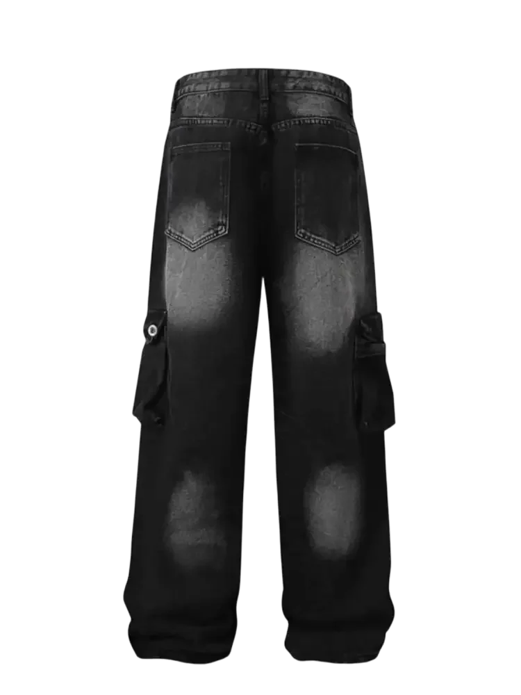 Men’s full size washed cargo jeans featuring black denim with multiple pockets