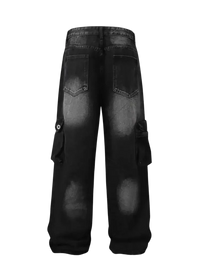 Men’s full size washed cargo jeans featuring black denim with multiple pockets