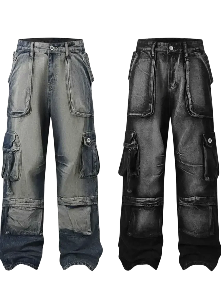 Two pairs of distressed denim cargo pants in light blue and black for men’s plus size washed cargo jeans