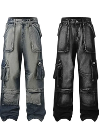 Two pairs of distressed denim cargo pants in light blue and black for men’s plus size washed cargo jeans