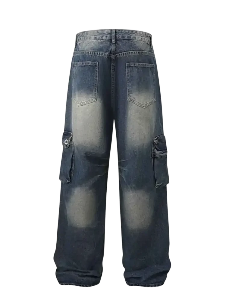Men’s full size washed cargo jeans with distressed blue denim and large side pockets