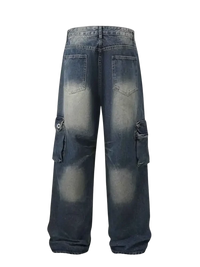 Men’s full size washed cargo jeans with distressed blue denim and large side pockets