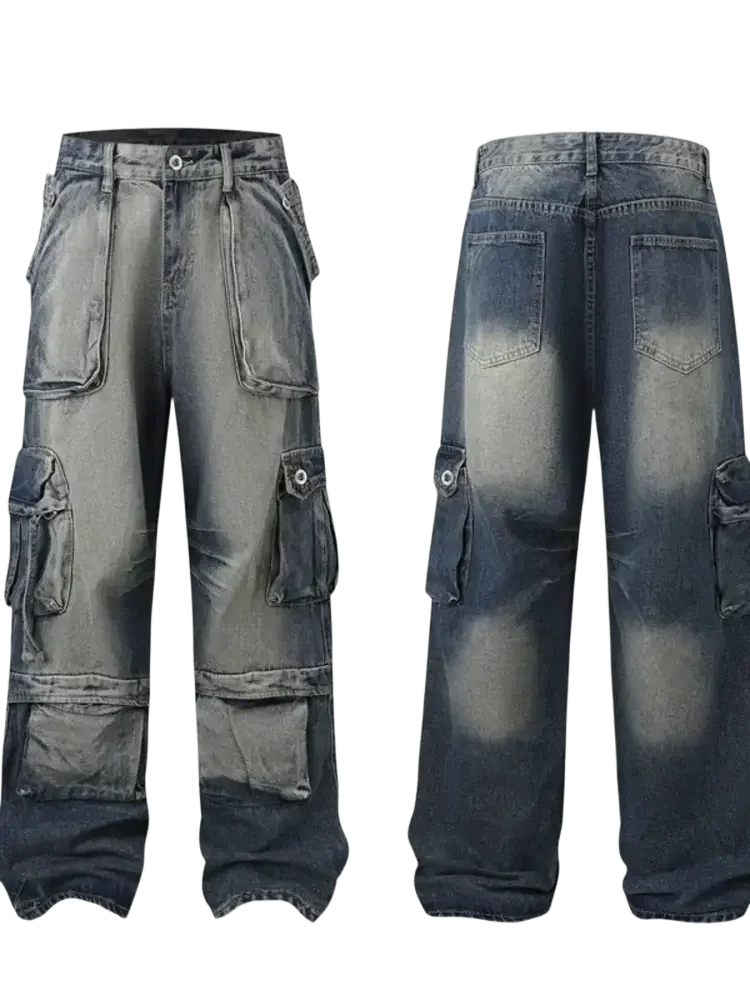 Distressed blue denim cargo pants with multiple pockets in men’s plus size washed cargo jeans