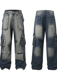 Distressed blue denim cargo pants with multiple pockets in men’s plus size washed cargo jeans