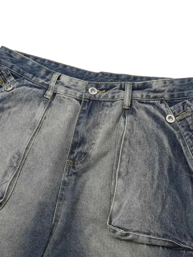 Washed cargo jeans plus size men’s blue denim cargo shorts with button closure