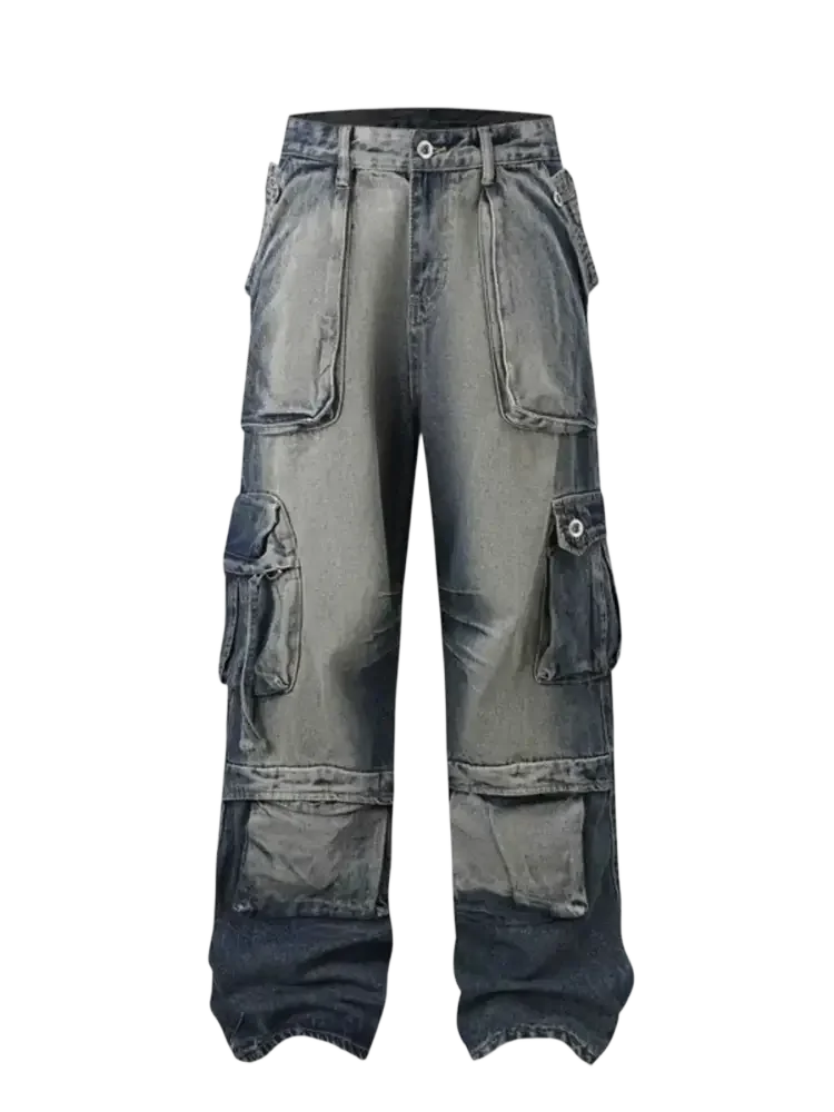 Washed cargo jeans plus size with gray baggy denim and multiple pockets