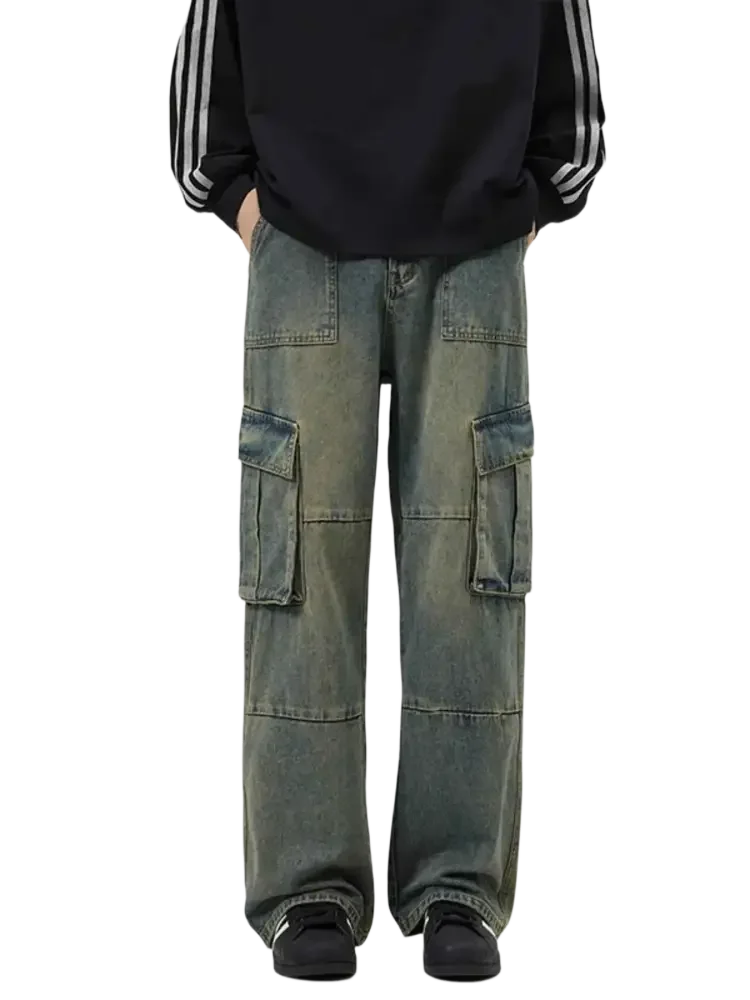 Men’s full size wide leg cargo jeans with distressed blue-green fabric and white stripe sleeves