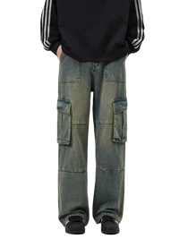 Men’s full size wide leg cargo jeans with distressed blue-green fabric and white stripe sleeves