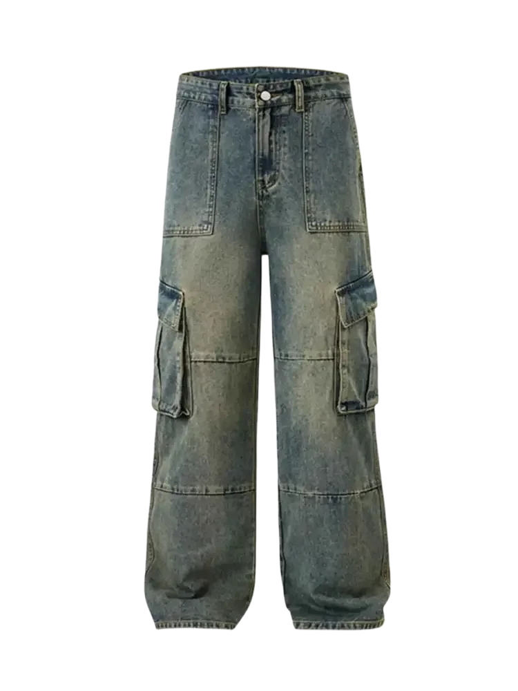 Washed blue denim men’s full size wide leg cargo jeans with wide leg cargo design