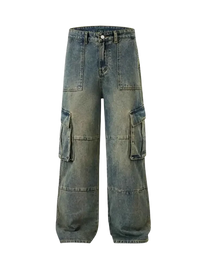 Washed blue denim men’s full size wide leg cargo jeans with wide leg cargo design