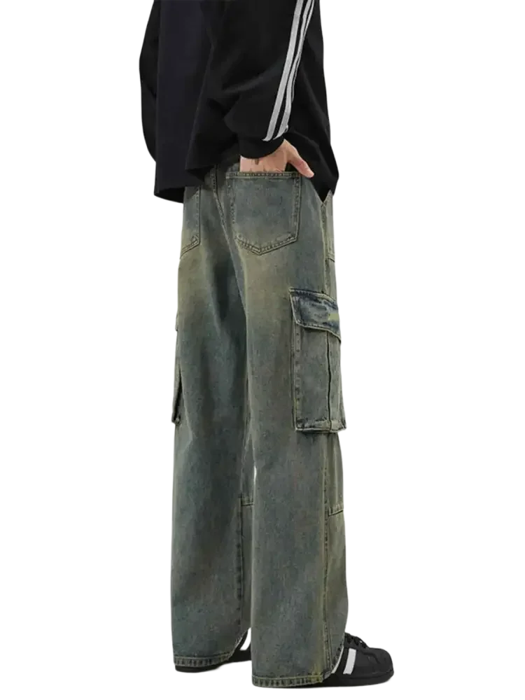 Loose-fit distressed blue denim wide leg cargo jeans with side pockets for men