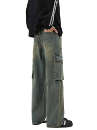 Loose-fit distressed blue denim wide leg cargo jeans with side pockets for men