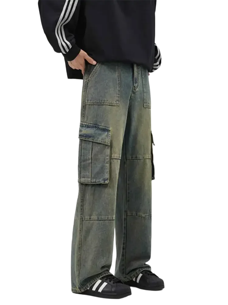 Faded denim size wide leg cargo jeans with wide leg cargo design for men
