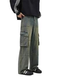 Faded denim size wide leg cargo jeans with wide leg cargo design for men