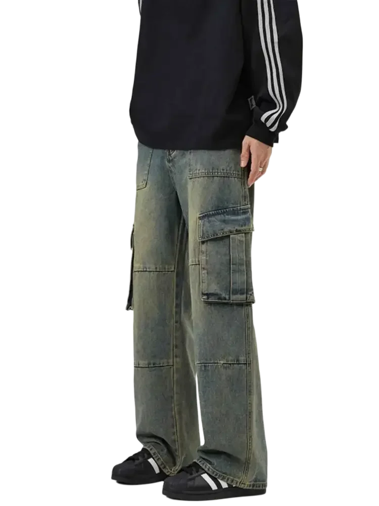 Washed blue-green men’s full size wide leg cargo jeans with multiple pockets