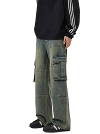 Washed blue-green men’s full size wide leg cargo jeans with multiple pockets