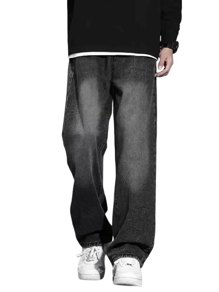 Men’s black faded size wide leg jeans with white sneakers, plus size wide leg jeans