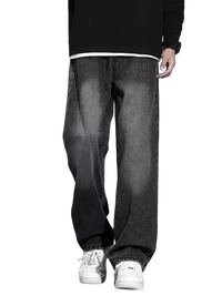 Men’s black faded size wide leg jeans with white sneakers, plus size wide leg jeans